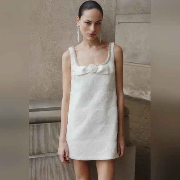 Self-Portrait Dresses & Skirts - Self-Portrait White Embellished-Strap Mini Dress with Front Bow - NEW WITH TAGS